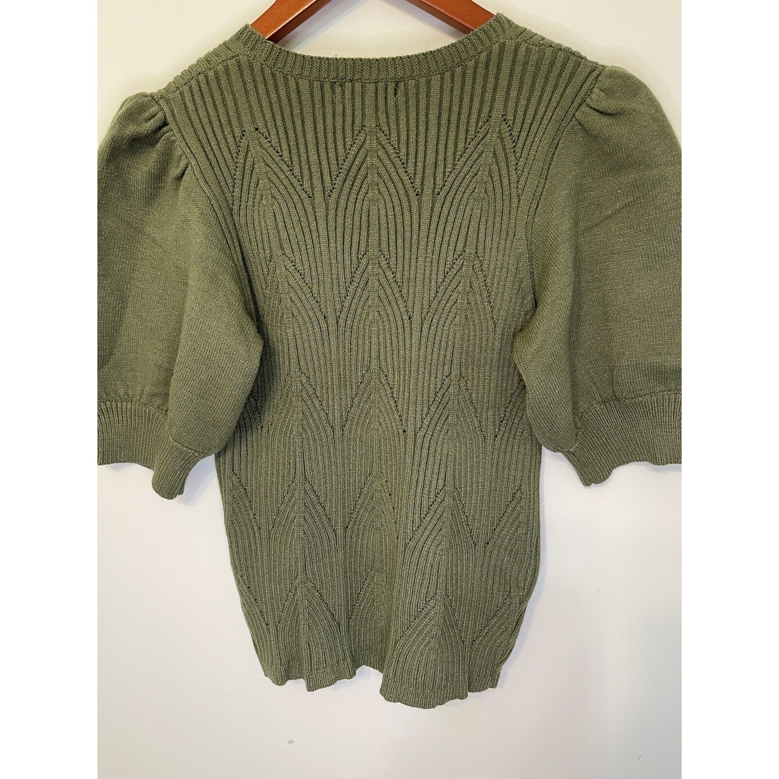 Shop Stevie Sweater Geometric Ribbed Olive Short Puffed Sleeve Feminine L — image 4 of 8